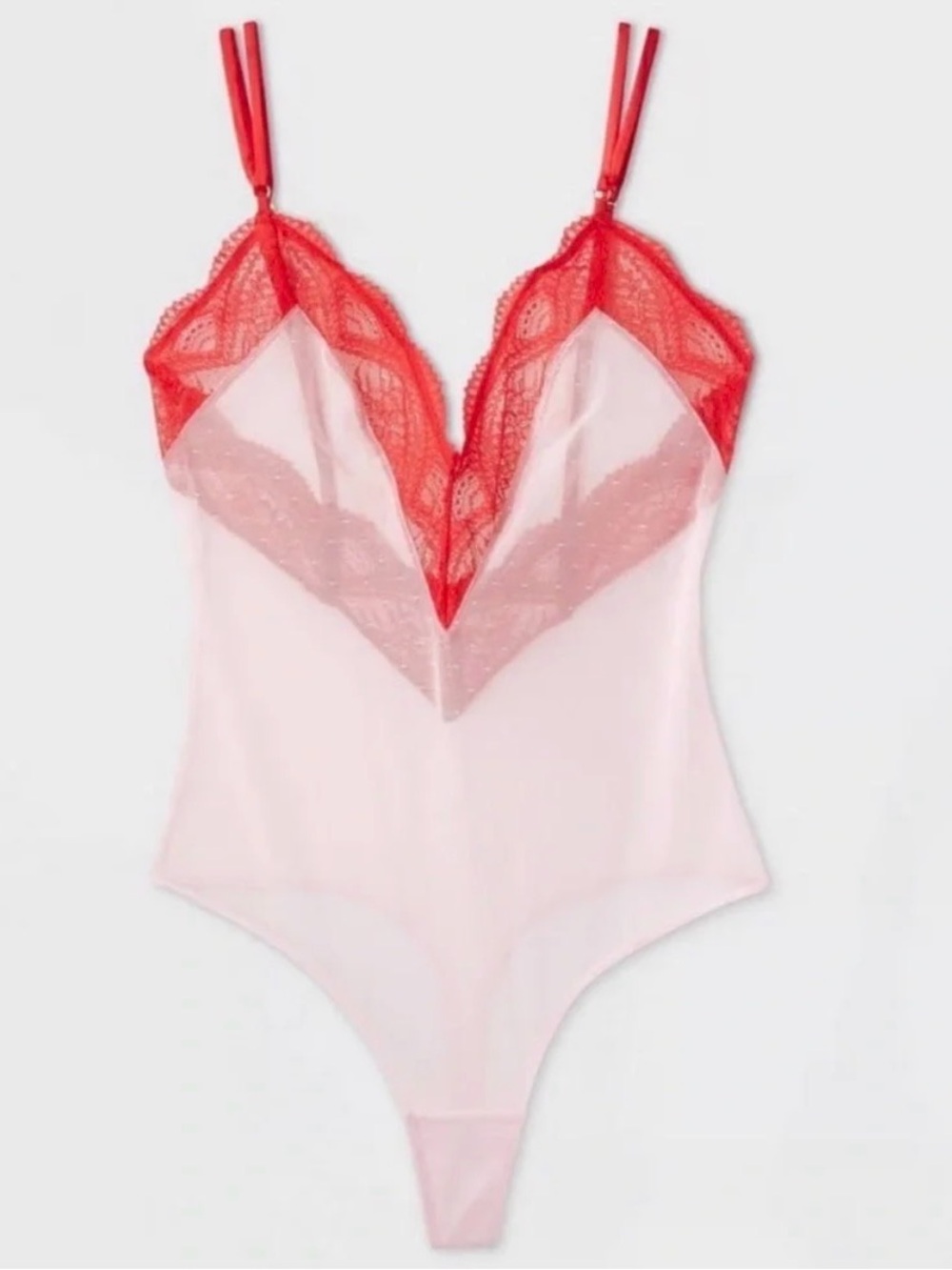 Auden Pink and Red Lace Trim Sheer Bodysuit